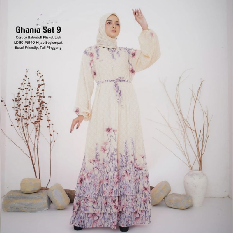 Baju Gamis Wanita Muslim Ghania 9 Dress Set Jilbab Ceruti Plisket Lidi Cantik Fashion Perempuan Dewa