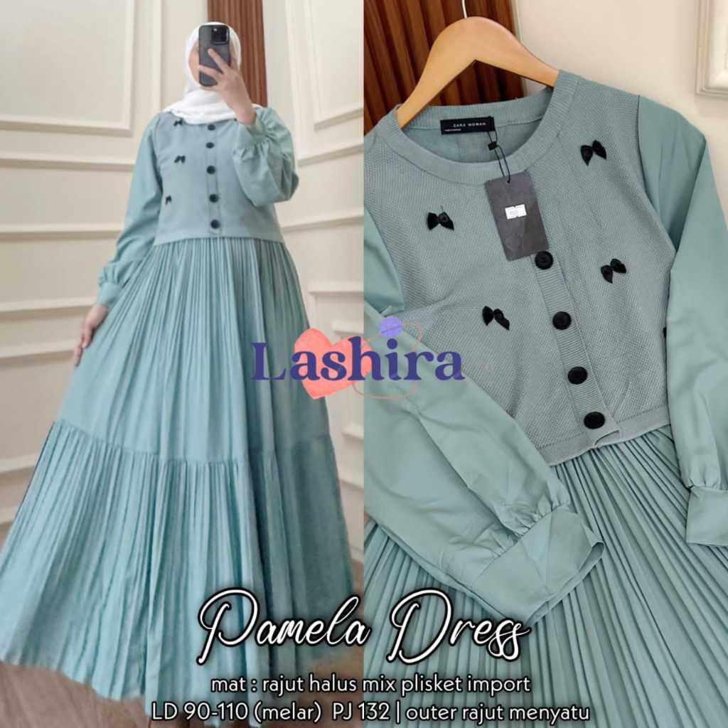 Pamela baju gamis midi dres wanita muslim rajut knit plisket motif jumbo ld 110 import terbaru 2024