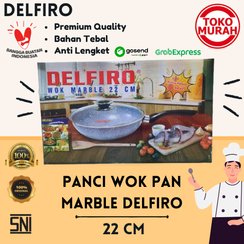 Panci Wok Pan Marble DELFIRO 22 CM Anti Lengket Bahan Tebal Tutup Kaca