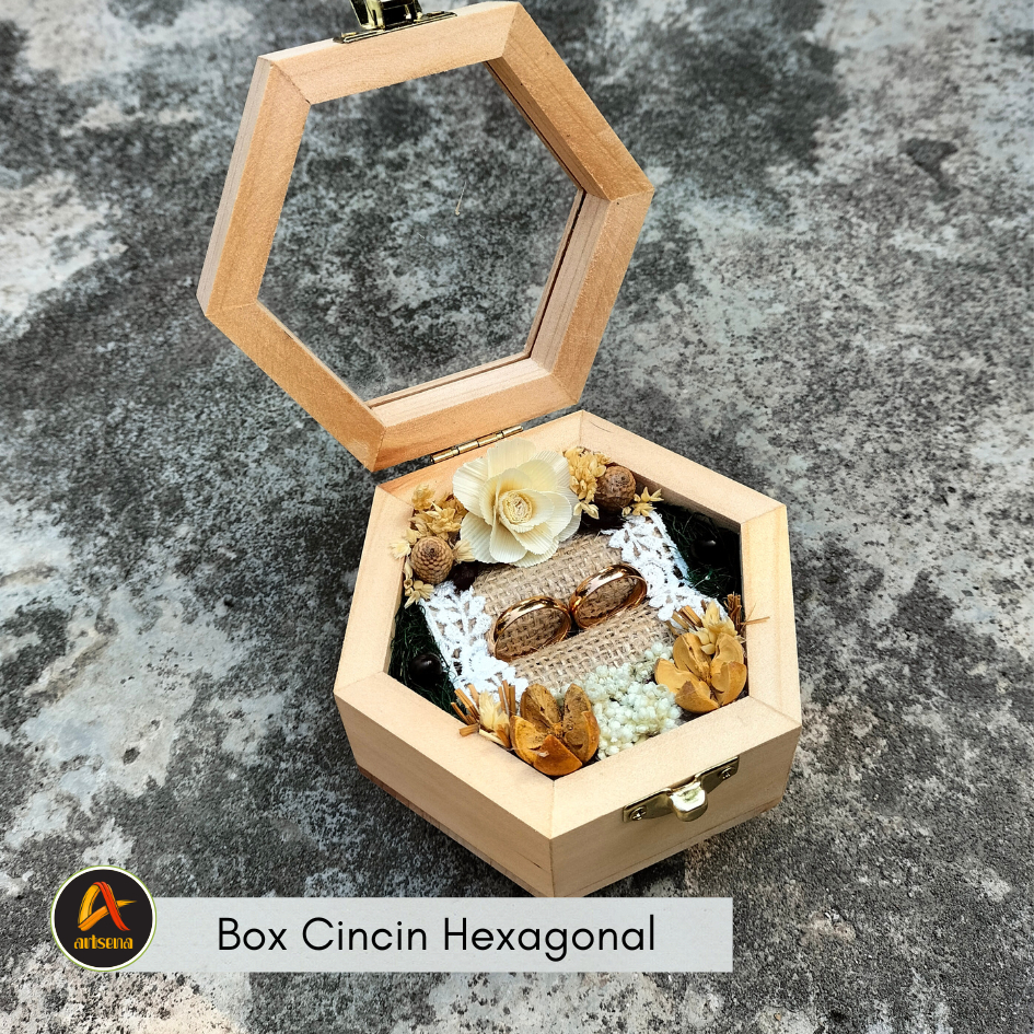 Kotak Cincin Unik Kayu Damar Tutup Akrilik / Kotak Cincin / Box Cincin Segi 6 Custom Nama