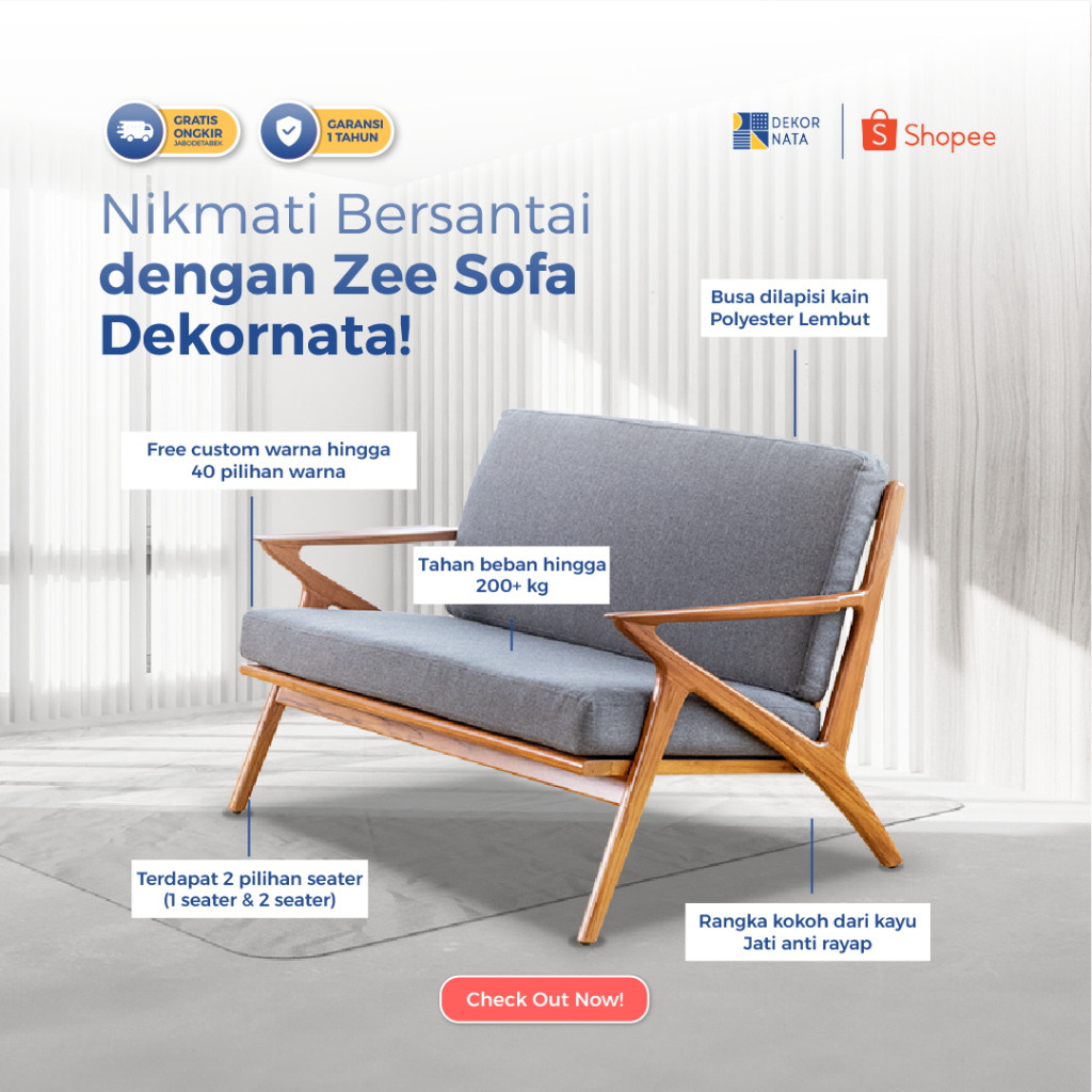 Zee Sofa Minimalis 2 Seater / Kursi Tamu Kayu Jati - Dekornata [JABODETABEK ONLY]