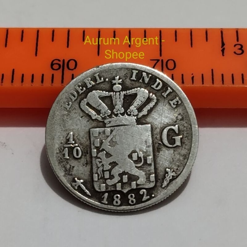 SKK.8-- 1 PC KOIN PERAK KUNO ASLI 1/10 GULDEN NEDERL INDIE TH 1882. -- SILVER COIN --