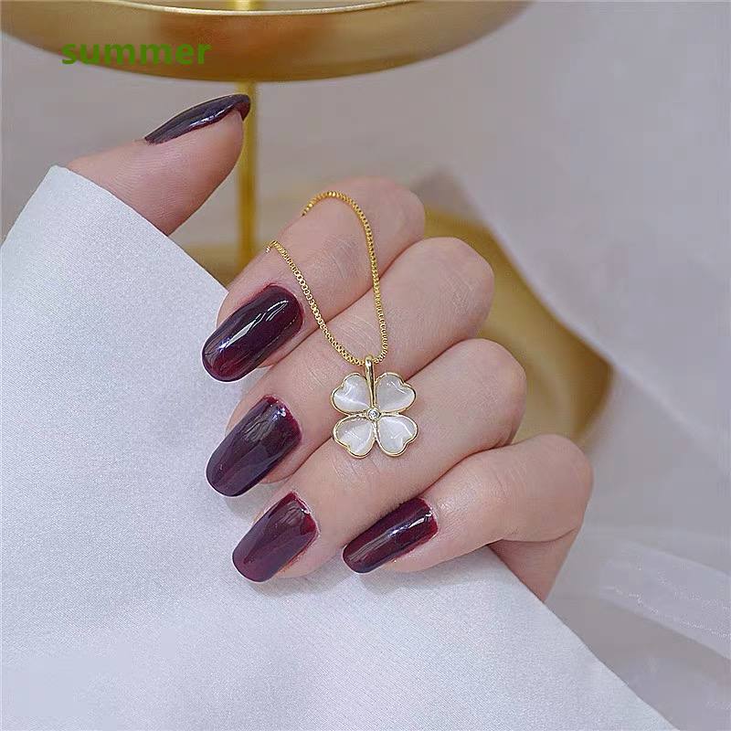 Summer66 Kalung Wanita Titanium Liontin Semanggi Empat Daun Batu Opal Tahan Karat Cocok Dipakai Seha