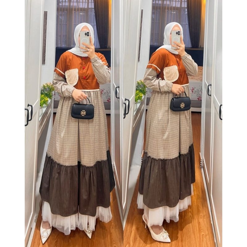 TERBARU midi dress bahan katun linen motif kotak busui friendly