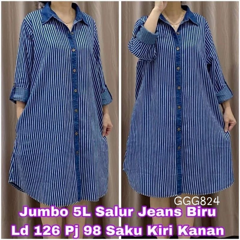 GGG824 Dress Wanita Jeans Denim Jumbo motif salur garis lengan panjang full kancing jumbo 5L saku ki
