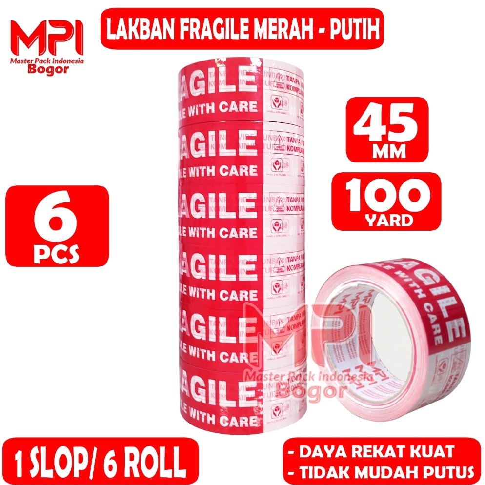 

1 SLOP 6 PCS Lakban Fragile Merah Putih 45 mm x 1 yard Handle With Care Jangan Di Banting KODE T5X7