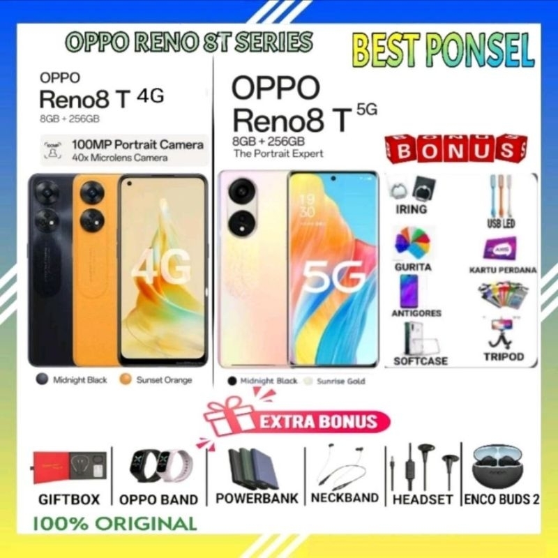 OPPO RENO 8T 4G RAM 8/256 GB RENO8 T | RENO8 T 5G 8/256 GB | 8/128GB GARANSI RESMI OPPO INDONESIA