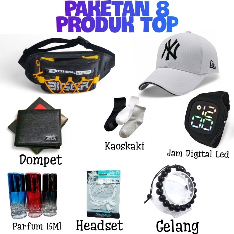 PAKET LENGKAP DAPAT 8Pcs TAS SALEMPANG SLEMPANG SELEMPANG WAISTBAG TOPI DOMPET KAOSKAKI JAM DIGITAL 