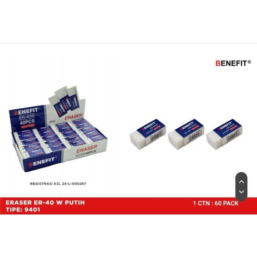 

Penghapus Pensil Kecil BENEFIT Putih Hitam Warna Dust Free Bersih Bagus ER-40 Pencil Eraser