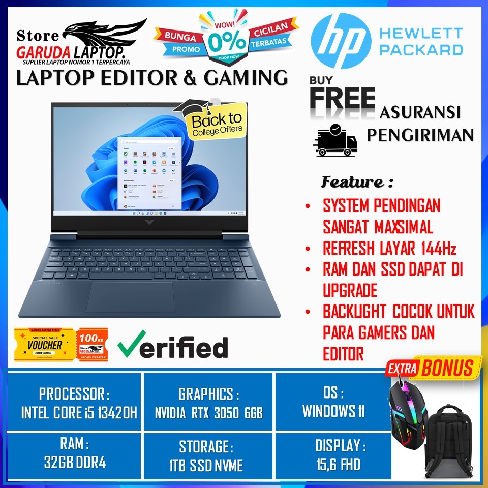 LAPTOP GAMING TERLARIS HP VICTUS 15 INTEL CORE i5 13420H RAM 32GB 1TB SSD NVIDIA RTX 3050 6GB Full H
