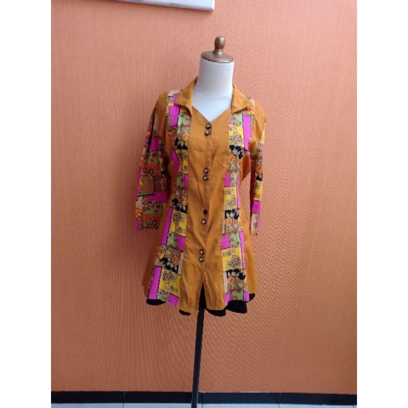 atasan kemeja wanita kuning mustard motif bunga L cewek kerja kuliah