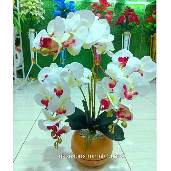 BUNGA SUDUT RANGKAIAN ANGGREK LATEX 3 CABANG DENGAN POT BOLA JUMBO