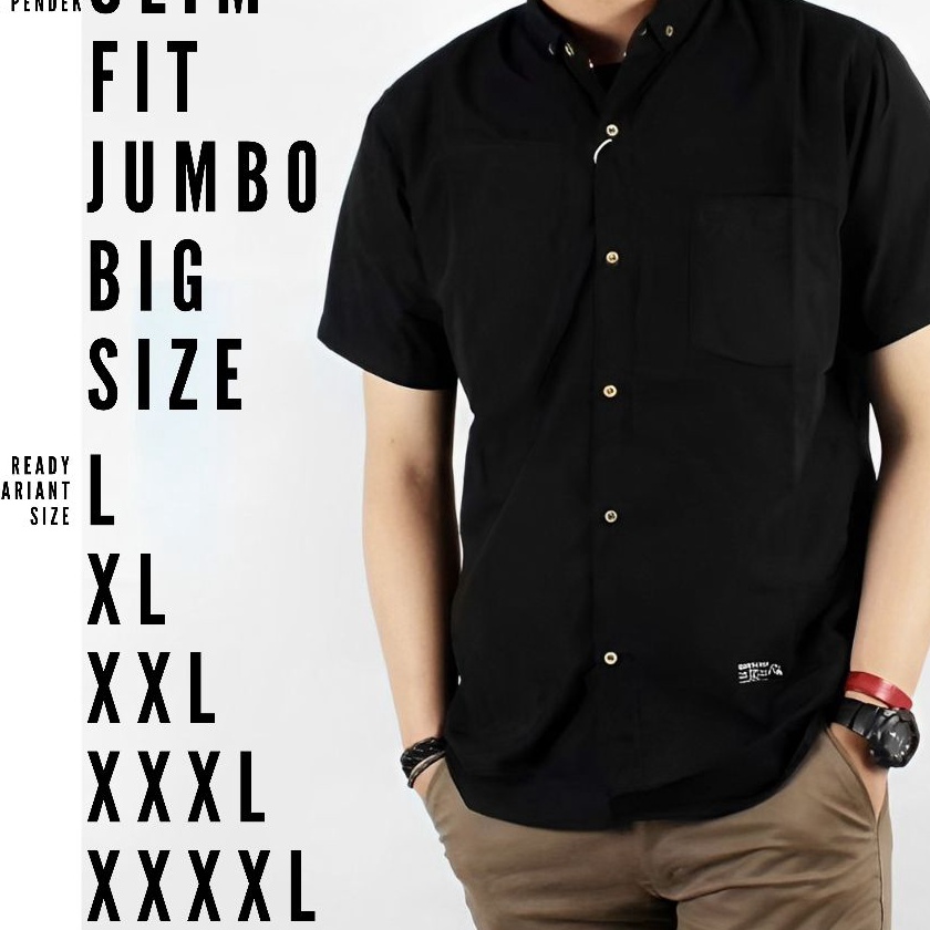 Unggul kemeja hem pria polos formal jumbo size big size ukuran besar lengan pendek hitam bukan alisa