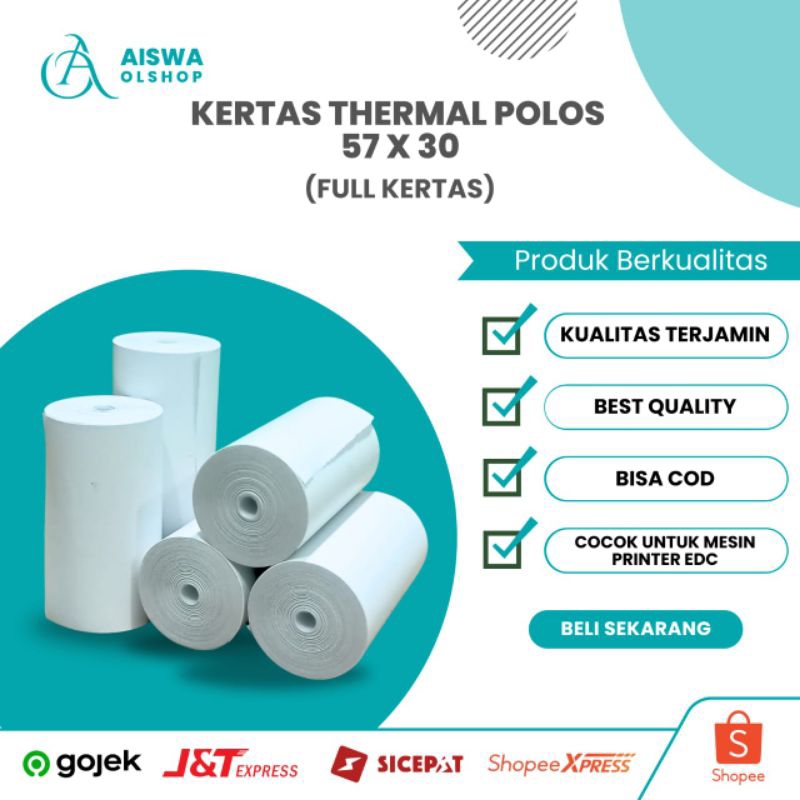 

KERTAS THERMAL POLOS 57X30mm FULL KERTAS (HARGA UNTUK 1 ROLL)