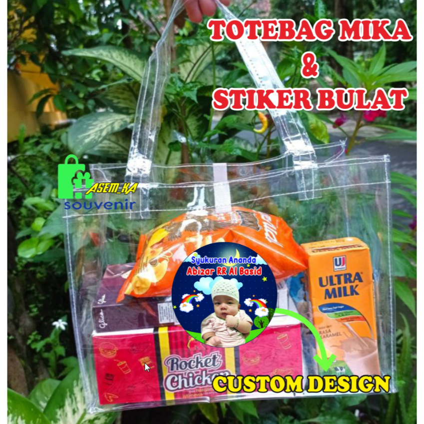 

TAS GOODIE BAG HAMPERS FULL MIKA UK 27 X 18 X 21 TRANSPARANT PREMIUM CUSTOM STIKER NAMA UK 7 X 7