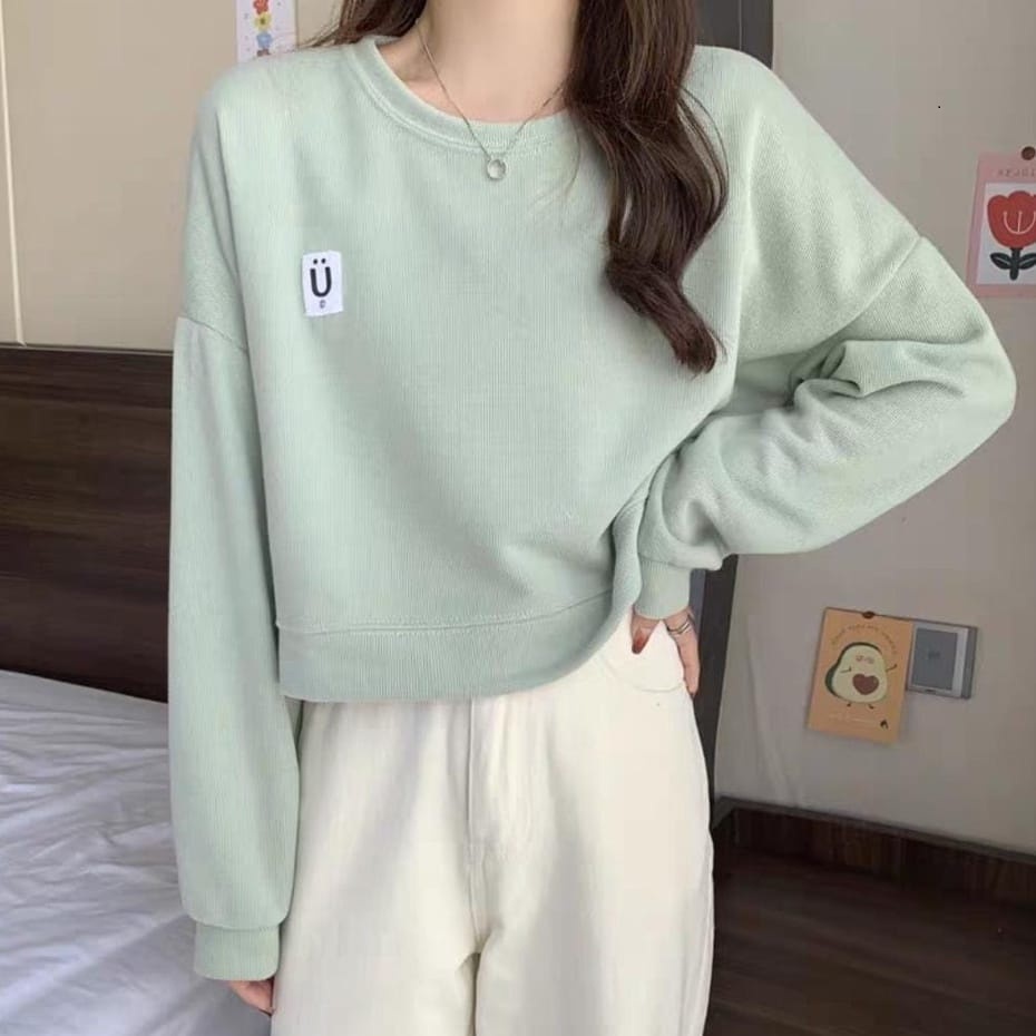 Anfaf Fashion - U Smile Plain Basic Outerwear Remaja Wanita Korean Style Premium Sweater Crop Top Hi