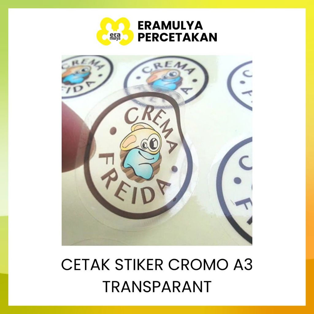 

ERAMULYA | CETAK STIKER CROMO TRANSPARAN / CETAK STIKER VINYL / 1 LEMBAR UKURAN A3
