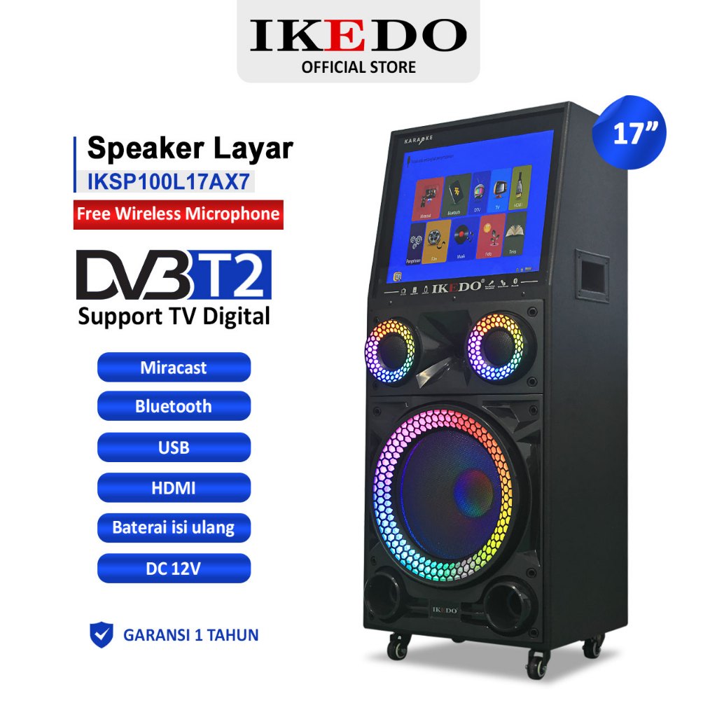IKEDO Speaker Aktif Portable 12 inch Layar 17 inch Mobile Video Karaoke Player Free Microphone Wirel