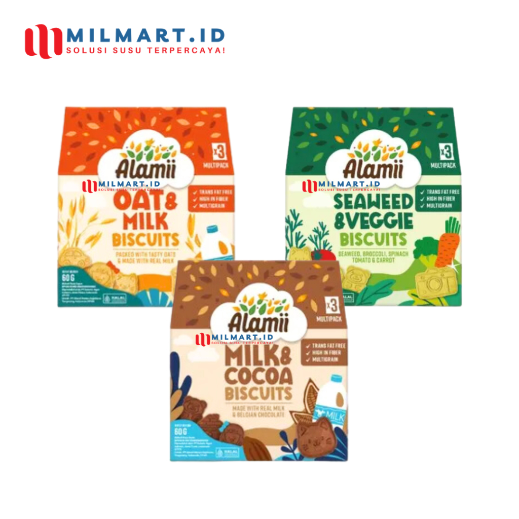 

CAMILAN ALAMII MULTIGRAIN BISCUIT 60 G RASA SEAWEED VEGGIE/OAT MILK/ COCOA JAJANAN ANAK SNAK