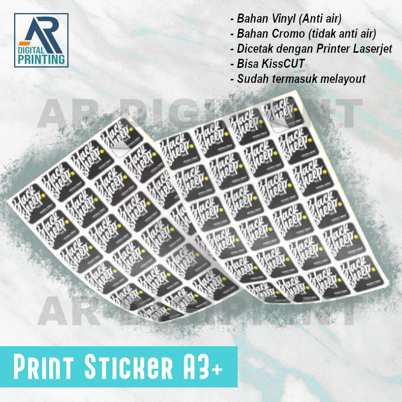 

CETAK CUTTING STIKER Vinyl A3+ LAMINASI GLOSSY / DOFF - PLUS CONTOUR CUTTING/POTONG OTOMATIS MESIN