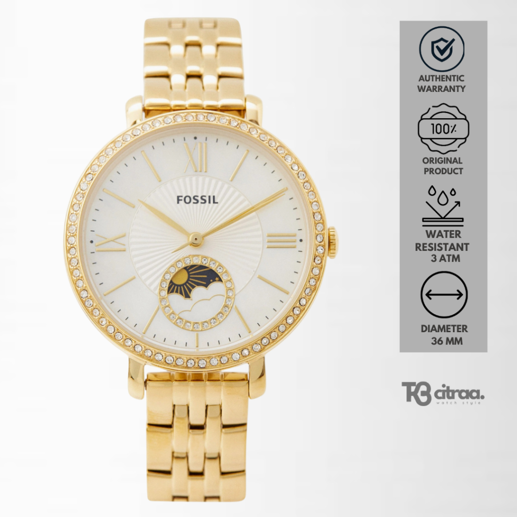 Jam Tangan Fashion Wanita Fossil Jacqueline Sun Moon Mother Of Pearl Analog Strap Rantai Stainless S