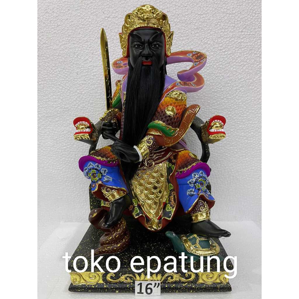 patung dewa hian tian / siong te kong - kayu - 16 inch - kumis lurus - hitam- l24