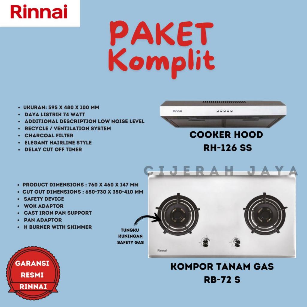 PAKET KOMPOR TANAM RINNAI STAINLESS 2 TUNGKU RB72S + COOKEHOOD RINNAI 126SS / KOMPOR TANAM GAS RINNA