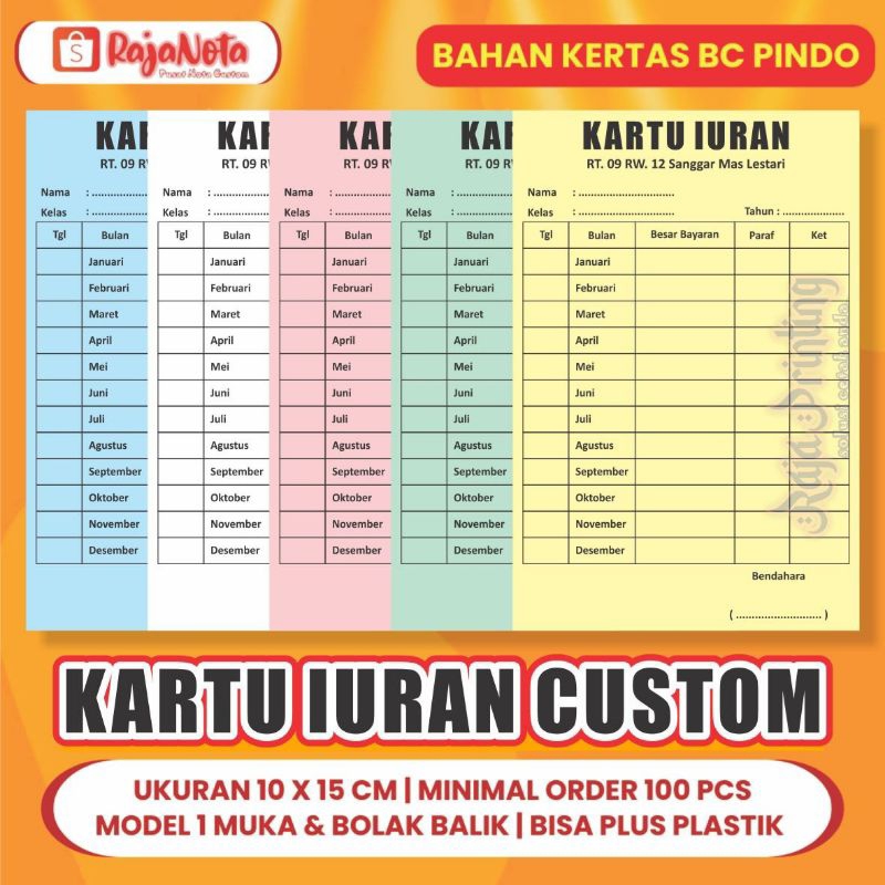 Kartu Iuran Kartu Pembayaran Bulanan RT RW SPP Infaq Custom Ukuran 15 x 10 cm