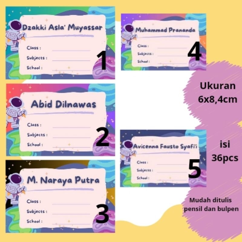 

stiker label nama buku motif cowok isi 36 ukuran 7,6x5 cm