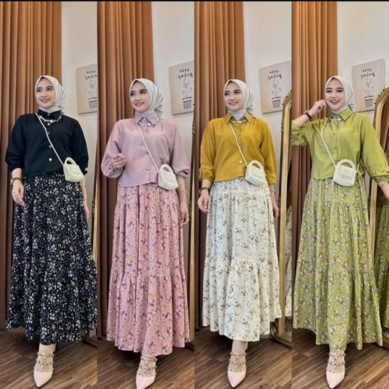 SET ROK PLISKET BUNGA MATAHARI / Gamis CITRA MOTIF BUNGA RAYON PREMIUM ATASAN CRINGKLE AIRFLOW