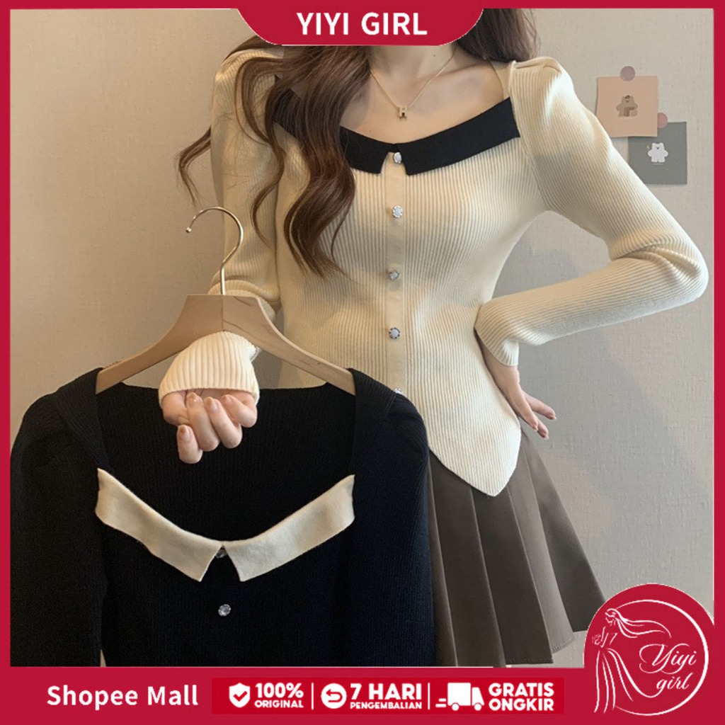 YIYI GIRL Baju Korean Style Wanita Baju Lengan Panjang Ketat Baju Rajut Wanita Atasan Wanita Lengan 
