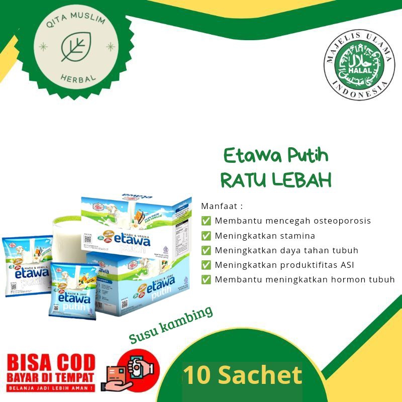 

Susu Kambing Etawa Putih Ratu Lebah Rasa Madu & Vanila | Madu & Jahe Kemasan Box Isi 10 Sachet