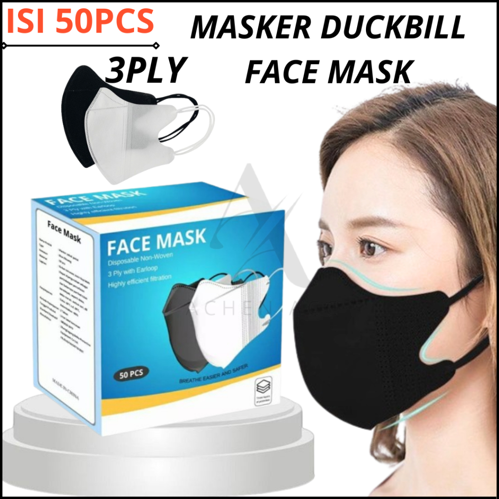 Masker Duckbill faceMask 1Box Isi 50Pcs Masker Duckbill Earloop Disposable Putih Hitam