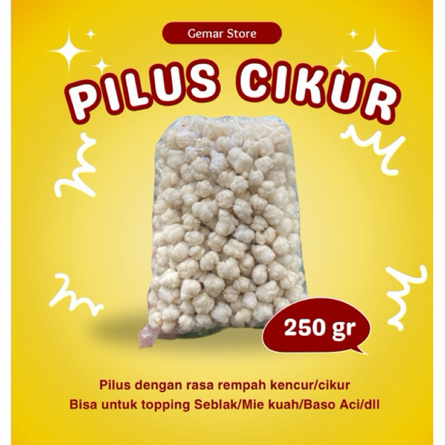 

Pilus Cikur Kencur Gurih 250gr/ Topping baso aci seblak mie kuah/ Pilus bogor kucai