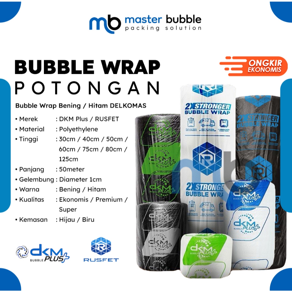 

Plastik Bubble Wrap DKM Potongan 30cm 40cm 50cm 60cm 75cm 80cm x 50meter Warna Putih Bening / Hitam