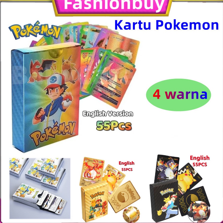 CODKartu Pokemon Warna emas Warni 55 pcs Bahasa Inggris kartu pokemon 1 Box original KODE X9V7