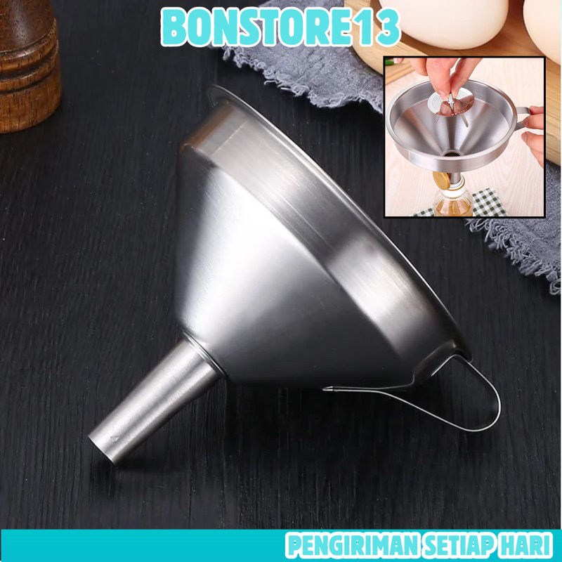Corong Stainless Steel Dengan Saringan Filter Funnel Multifungsi