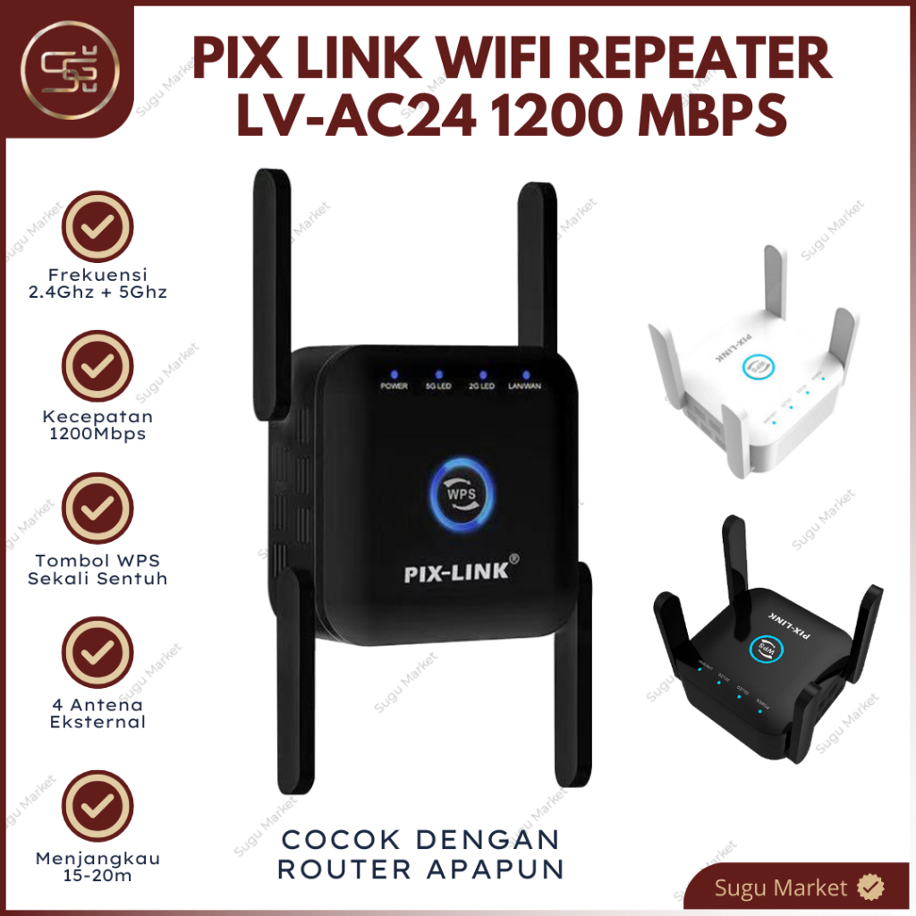 Pix Link Wifi Repeater 1200MBPS 2.4G + 5G LV-AC24 Penguat Sinyal Wifi Range Extender Router Repeater