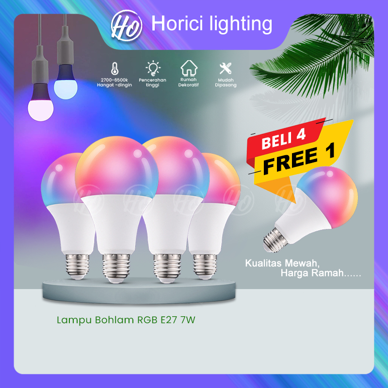 [Beli 4 gratis 1] Horici RGB E27 7W Lampu Bola / RGB Warna Warni 7W On/Off