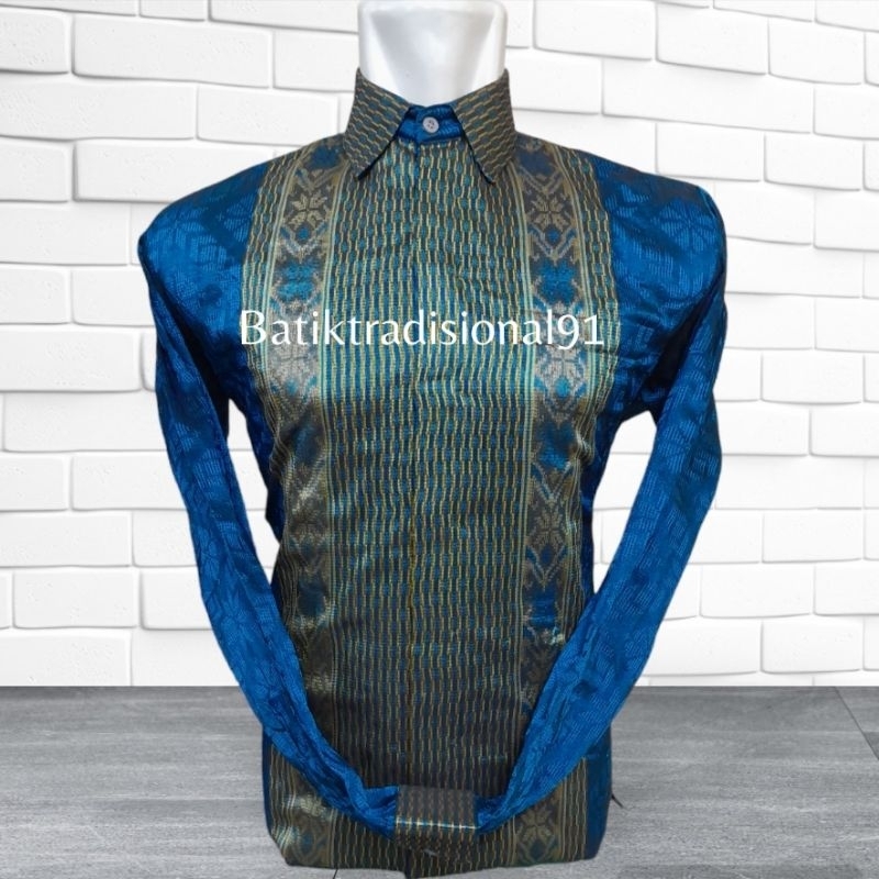 Batik Pria Lengan Panjang Tenun Jepara Tradisional Premium Biru Tosca