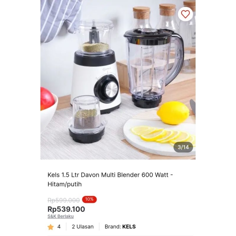 kels blender 1,5ltr Davon Multi Blender 600watt warna Putih
