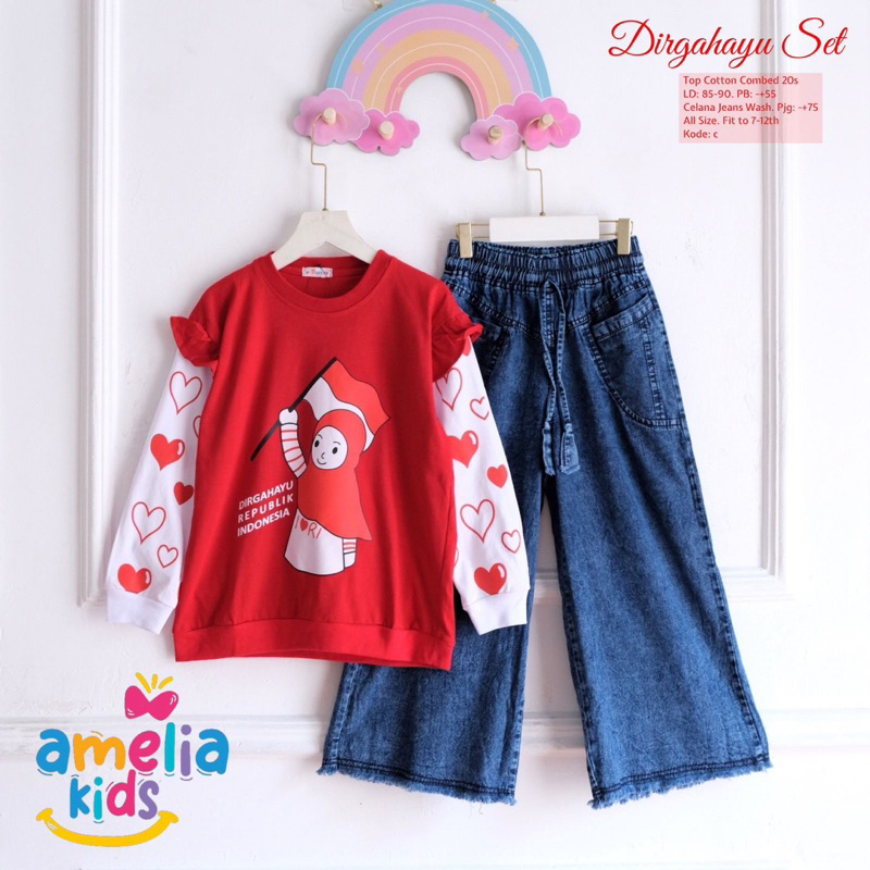 SETELAN AGUSTUSAN MERAH PUTIH ANAK DIRGAHAYU SET KIDS BY AMELIA SETELAN KAOS DAN KULOT JEANS OUTFIT 