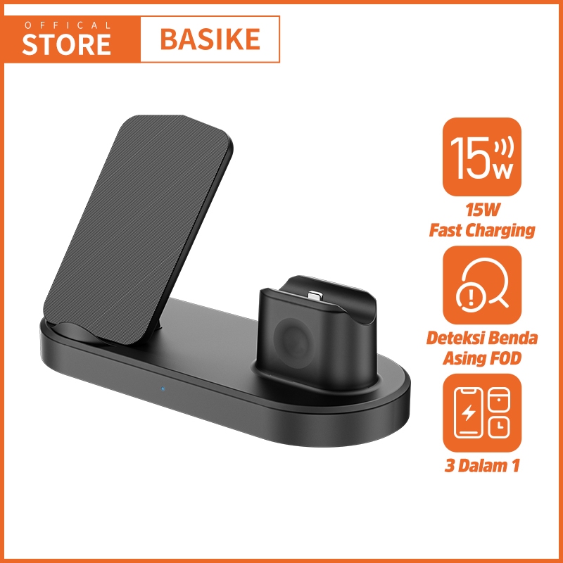 BASIKE 3 in 1 Charger Wireless Fast Charging 15W Qi Fast Charger Stand Dock  Simultan untuk Mengisi 