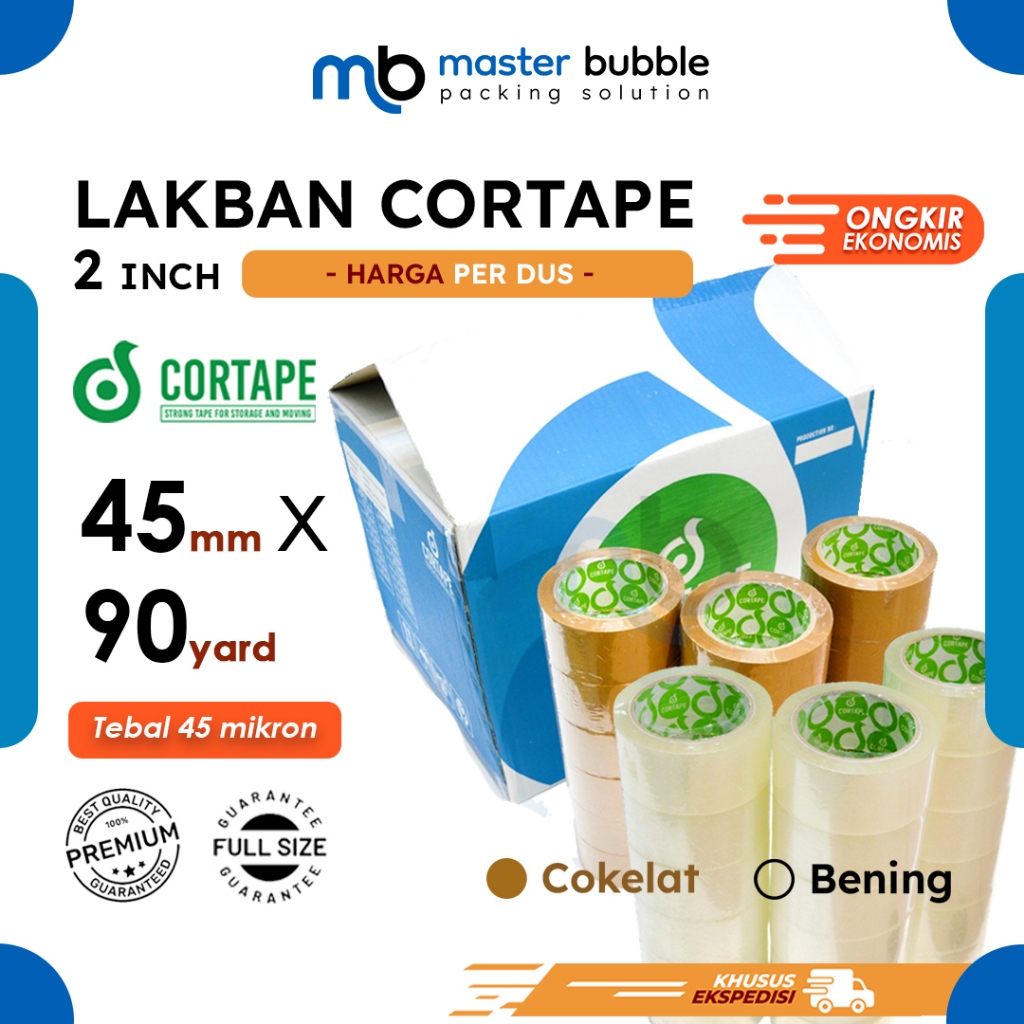 

Lakban Selotip Bening & Coklat 2inch / 45mm x 90yard Cortape Harga Perdus 72 Roll (Khusus Ekspedisi)