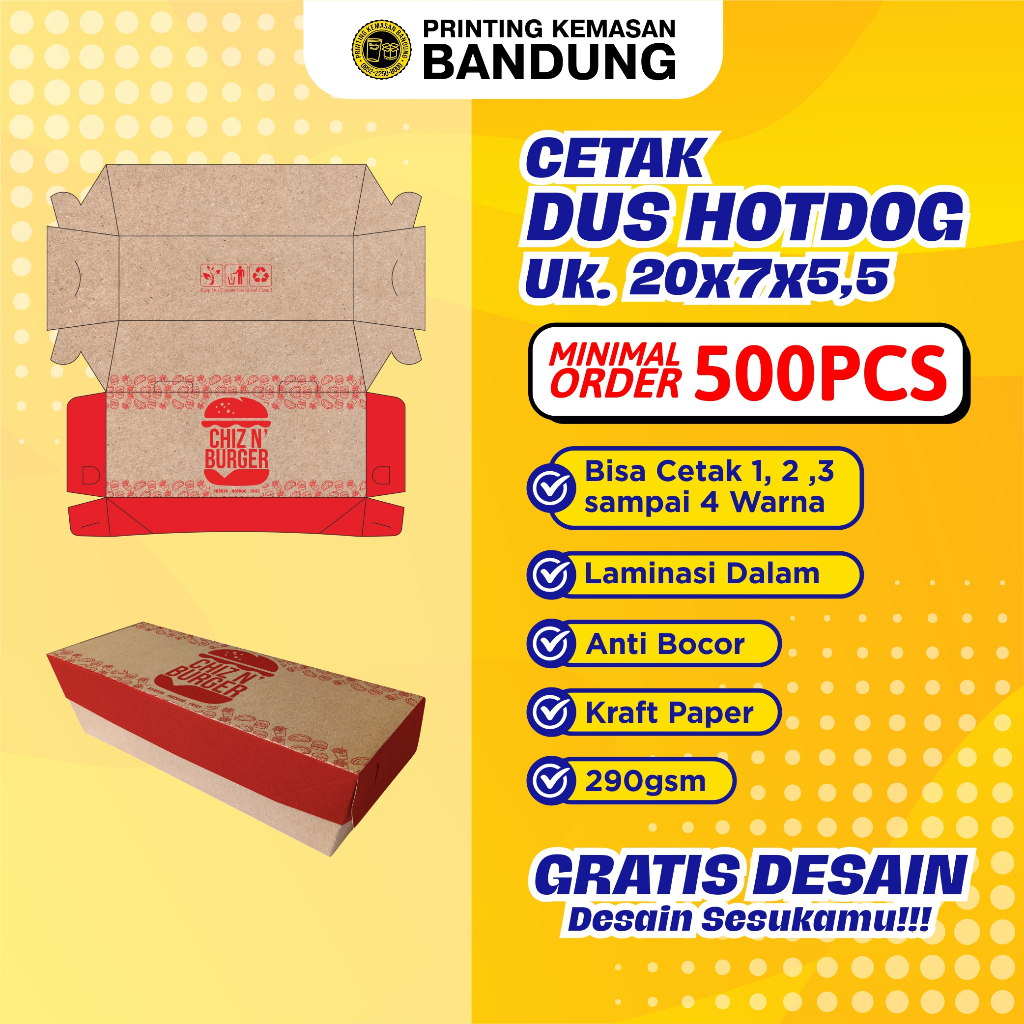 Box Hot Dog Hotdog Kraft 290gsm Custom Cetak 1 Warna  Kotak Makan Kertas Brown Paper Box Makanan Dus