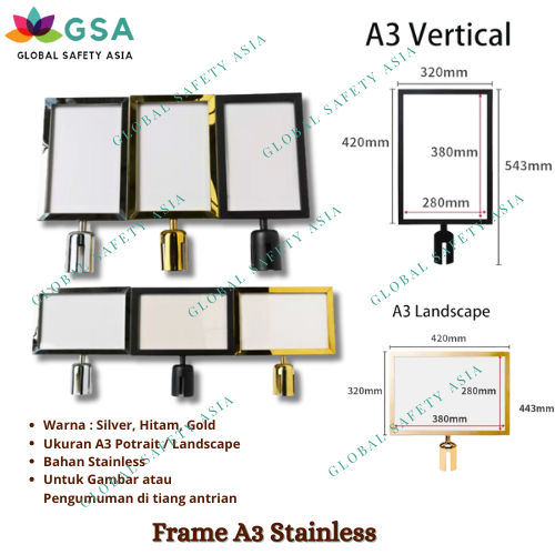 

Sign Frame A3 Potrait / Landscape Papan Tiang Antrian Stainless