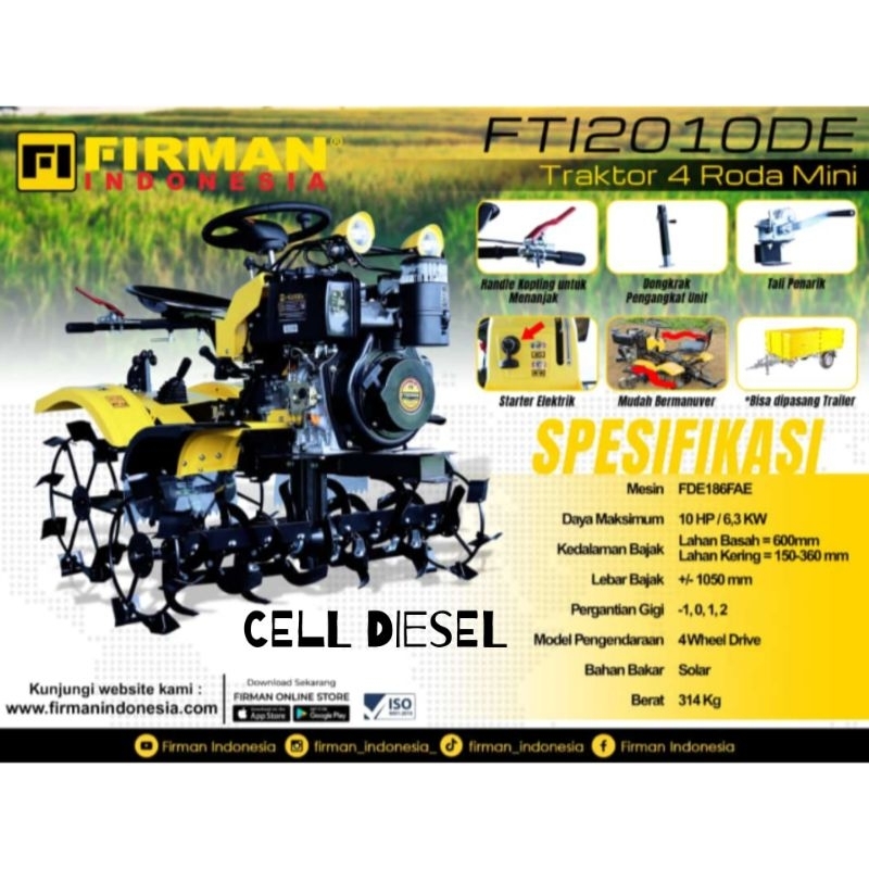 Mesin Traktor Mini Diesel 4 Roda Wheels FIRMAN FTI 2010DE Elektrik Stater