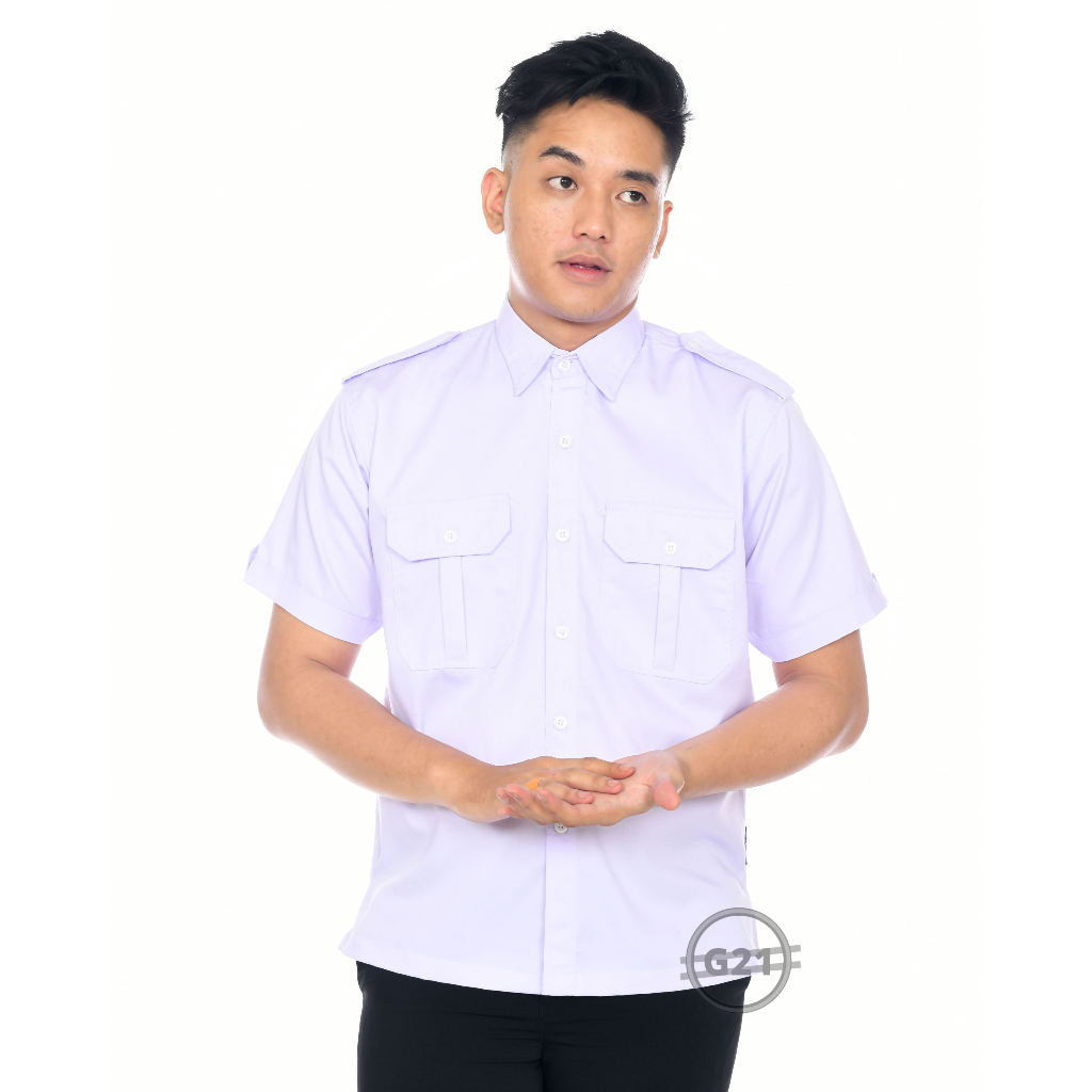 Baju Atasan Kemeja Putih PDH PDL ASN PNS Lapangan Outdor Kantong Dua Pria Cowok Lengan Pendek Kameja