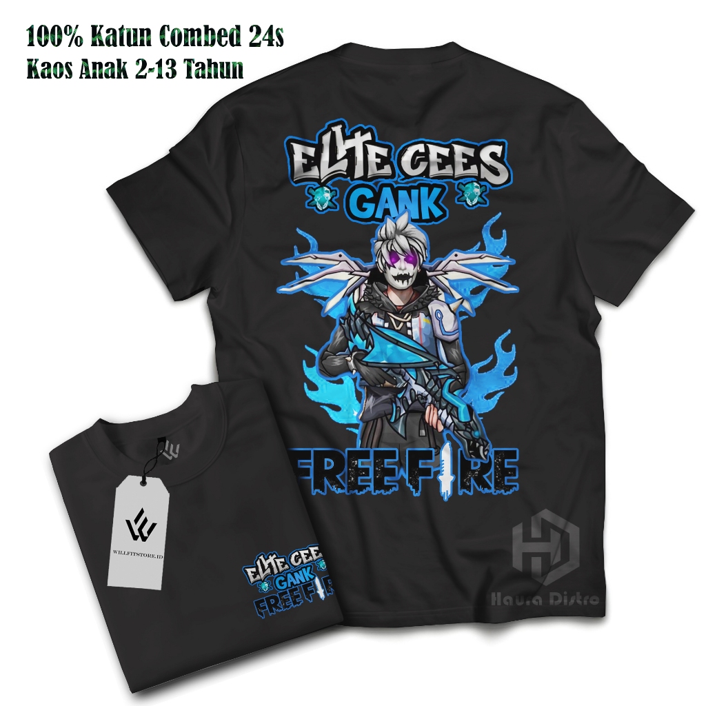 BAJU KAOS ANAK  FF FREE FIRE ELITE CEES GANK BLUE FLAME Bahan Katun