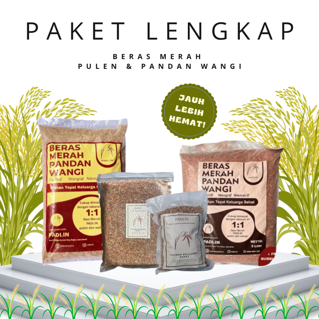 

Paket Lengkap 18,5 LITER (LEBIH HEMAT) Beras Merah PADI.IN DIJAMIN Pulen & Pandan Wangi (1 liter, 2.5 liter, 5 liter, dan 10 liter)